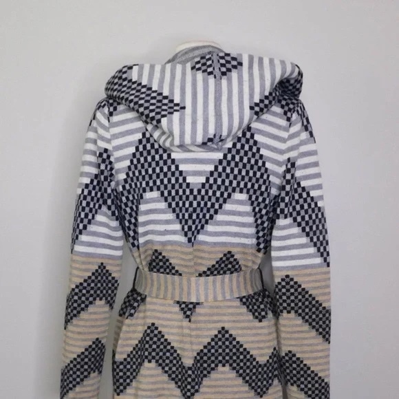 Anthropologie FIELD FLOWER Chevron Stripe Belted Wool Sweater Coat Hood X-Small - Picture 11 of 14